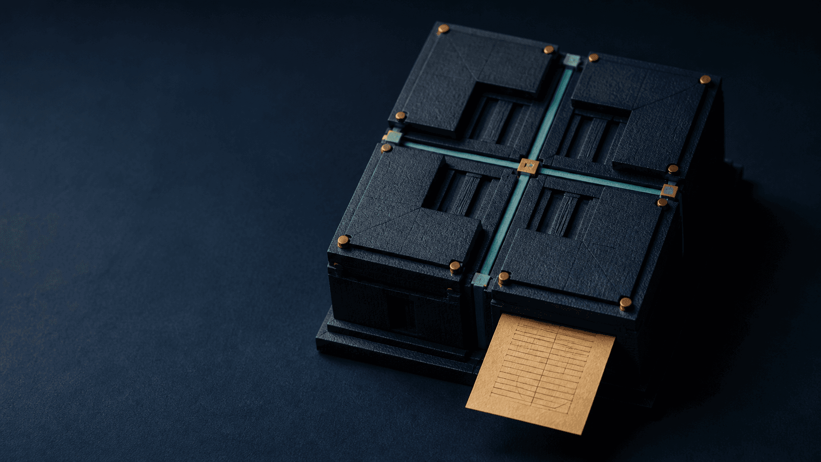 Four connected boundary modules built as a tactile navy editorial construction.